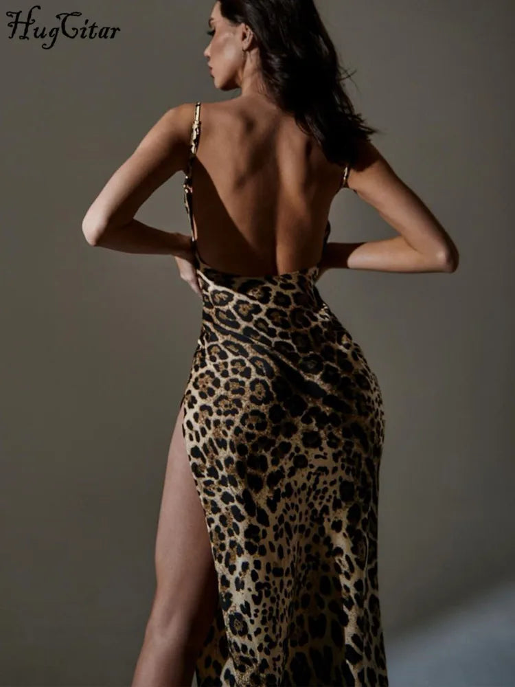 Hugcitar Leopard Print Swing Collar Sleeveless Sexy Maxi Slit Prom Dress Summer Women Fashion Y2K Clothes Party Beach Vacation