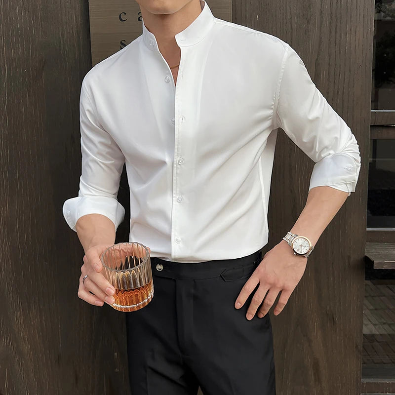 2026 Spring New Chinese Style High End Stand Up Collar Shirt Men's Long Sleeve Elastic Slimming Top Social Dress Shirt