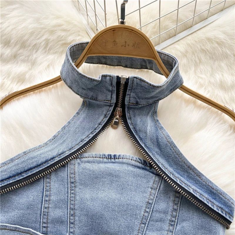 Sexy Women Summer Denim Jeans Halter Tops Mini Skirt Outfits Suits Backless Sashes Chic Style Bodycon High Waist Vestidos