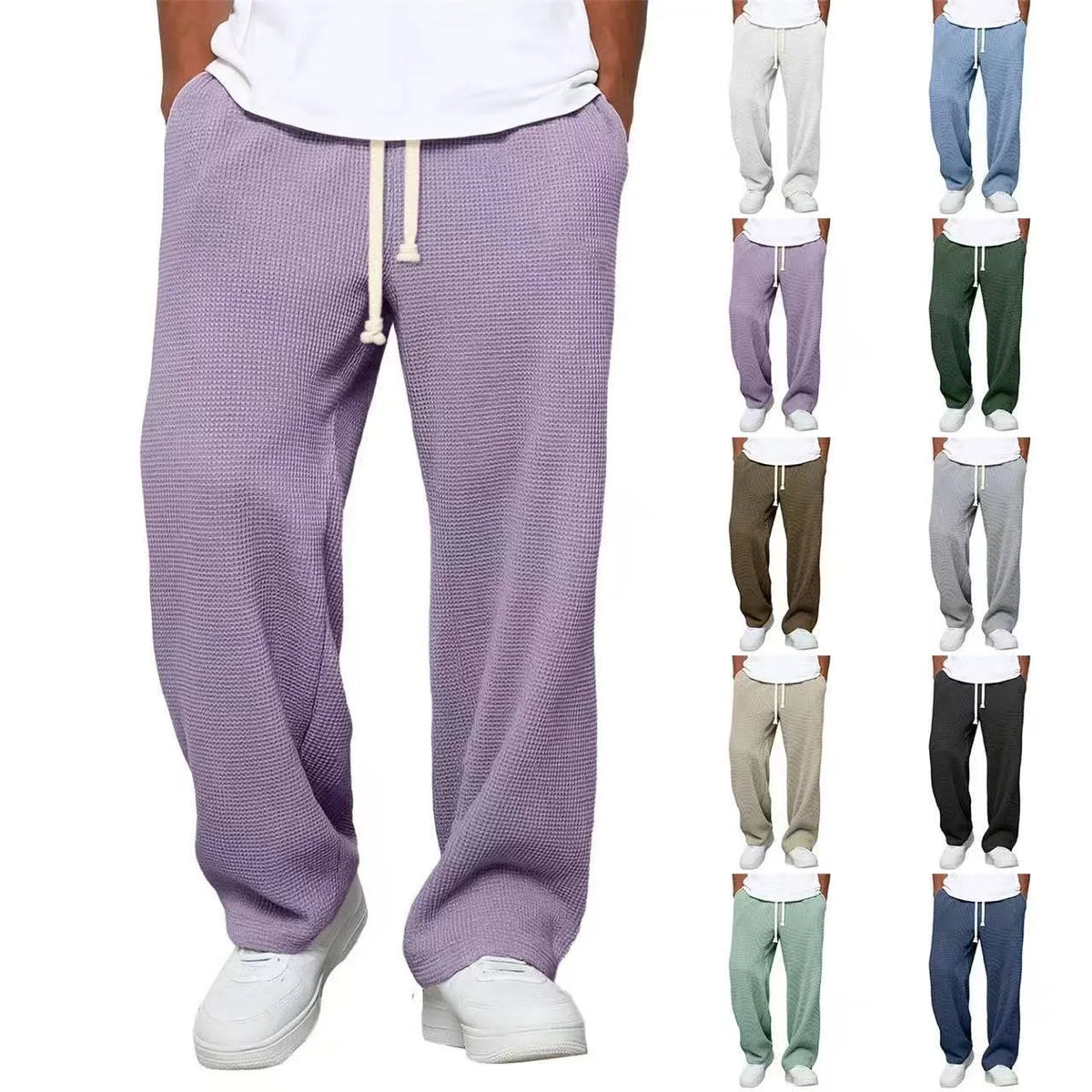 Men's Sweatpants 2026 New Men's Waffle Knit Sweatpants Loose Fit Joggers Casual Trousers Straight Leg Wide Leg Lounge Pants