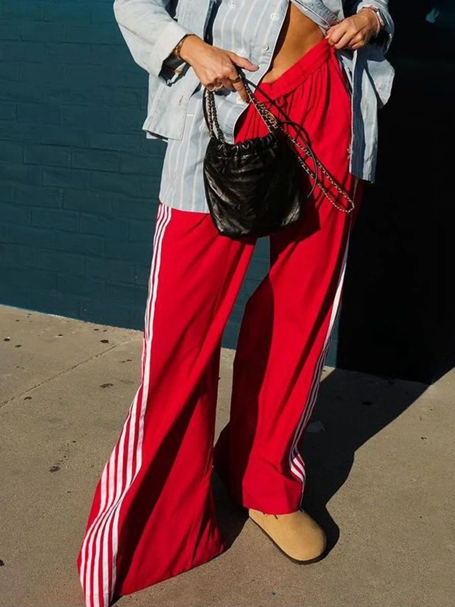 New Fashion Womens Striped Pants Loose Elastic Waist Drawstring Straight Leg Casual Sweatpants With Pockets Streetwear S M L