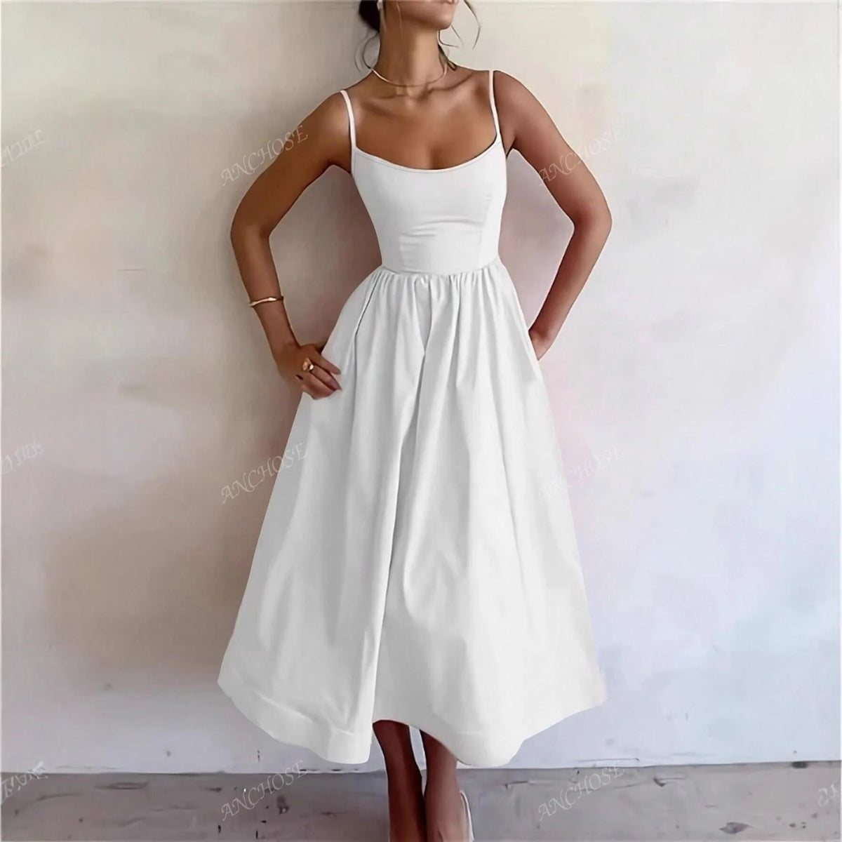Dresses For Women 2026 Summer Suspender Dress Solid Swing Sundress Sleeveless Spaghetti Straps A Line Beach Party Dresses