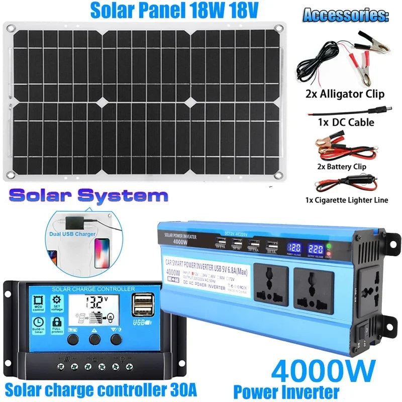 3000W/4000W/5000W/6000W Solar Panel System Power Inverter Kit 12V to 220V with 18V Solar Panel+30A Charge Controlle Power