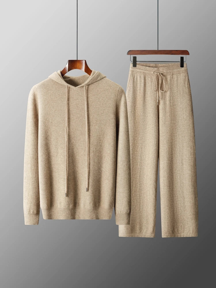Men's 100% Merino Wool Two-piece Suit Knitting Hooded Collar Pullover and  Wide-leg Pant Autumn Winter Thickened Warm Sweater