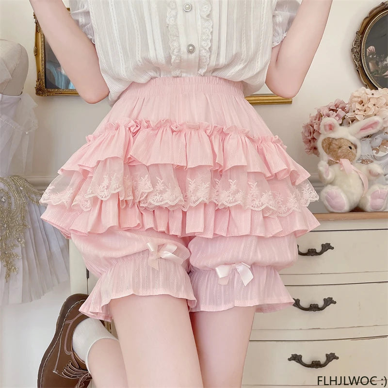 Cotton Bloomers Lolita Style Girls Cute Sweet Japan Sexy Lace Date Princess Pink Layer Puff Shorts Ruffles Lantern Small Pants