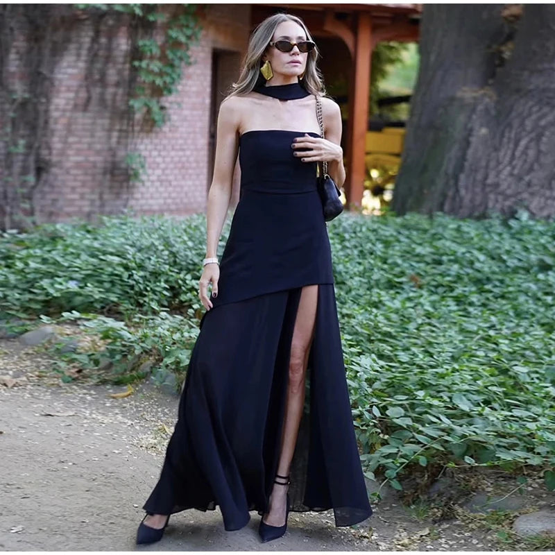 Elegant Halter Long Dress Women's Loose Sleeveless Off Shoulder Floor-length Dresses 2025 Spring Summer Lady Solid Stylish Robes