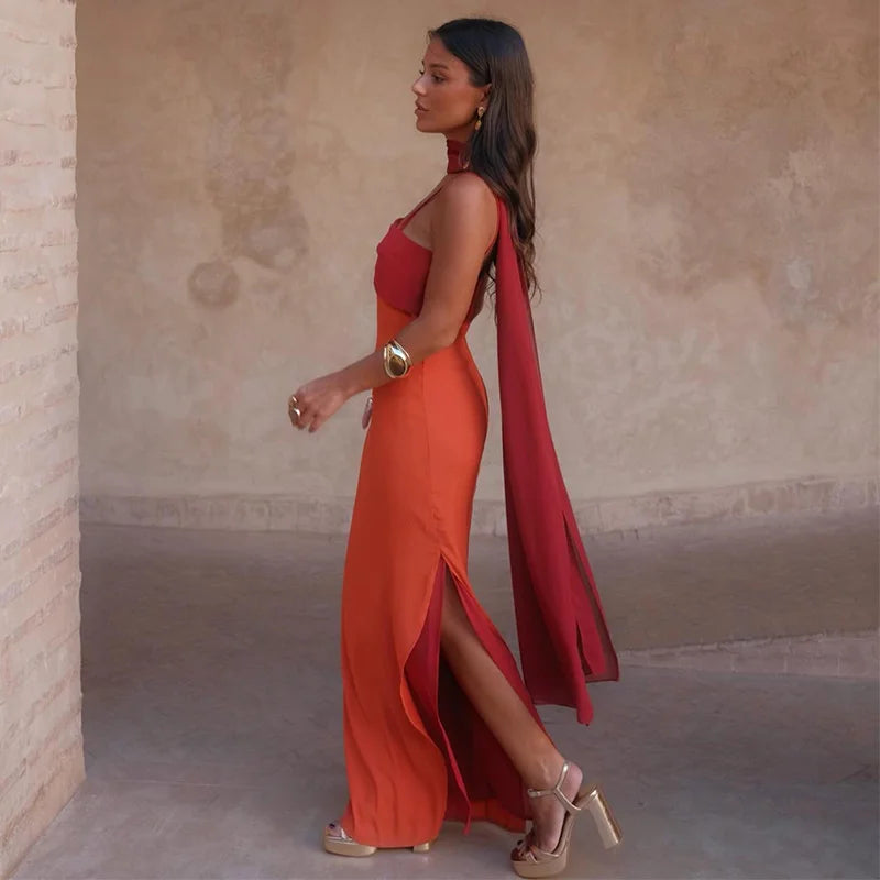 2026 Summer Elegant Maxi Slip Dress Twist Front Spaghetti Strap Slit Bohemian Wedding Guest Cocktail Party Vacation Women Gown
