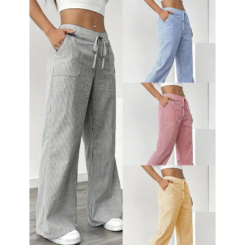 American Style Retro Vertical Stripe Drawstring Wide Leg Pants High Waist Dipping Loose Straight Casual Pants