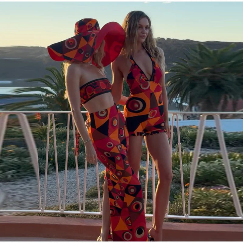 Abstract Print Halter Neck Deep V Sleeveless Short Jumpsuit Self Tie Back 2026 Spring Summer Beach Party Lady Women Outfit