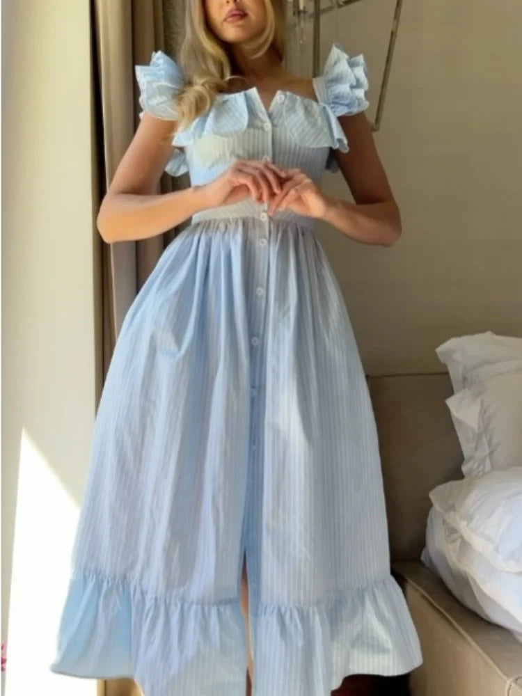 Fashionable Striped Ruffle Pleated Women's Dress Elegant Solid Square Neck Single Button Dresses Female Summer Chic Casual