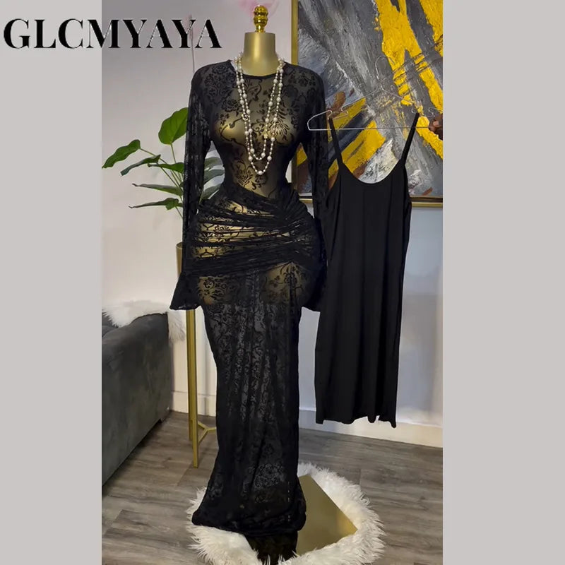 CM.YAYA Women Long Sleeve Ruched Mesh See Though with Lining Bodycon Long Dress 2025 Fall Evening Birthday Sexy Party Dresses