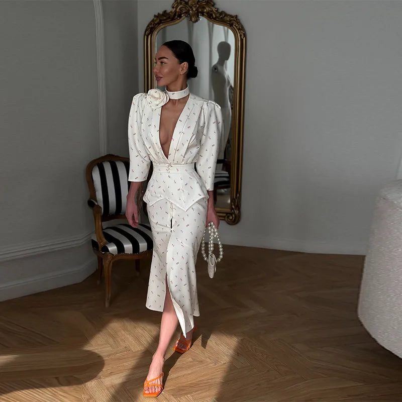 Elegant Women's Printed Waistband Stain Long Dress Slim Waist Cinched Bubble Sleeve Dresses 2026 Spring Summer Party Robes