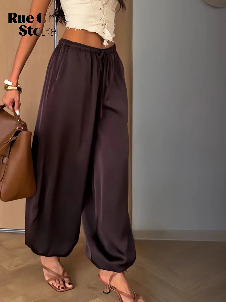 Solid Drapey Satin Loose Harem Pants Women Casual Elastic Waist Drawstring Design Long Pant 2026 Lady Commute Versatile Wear New