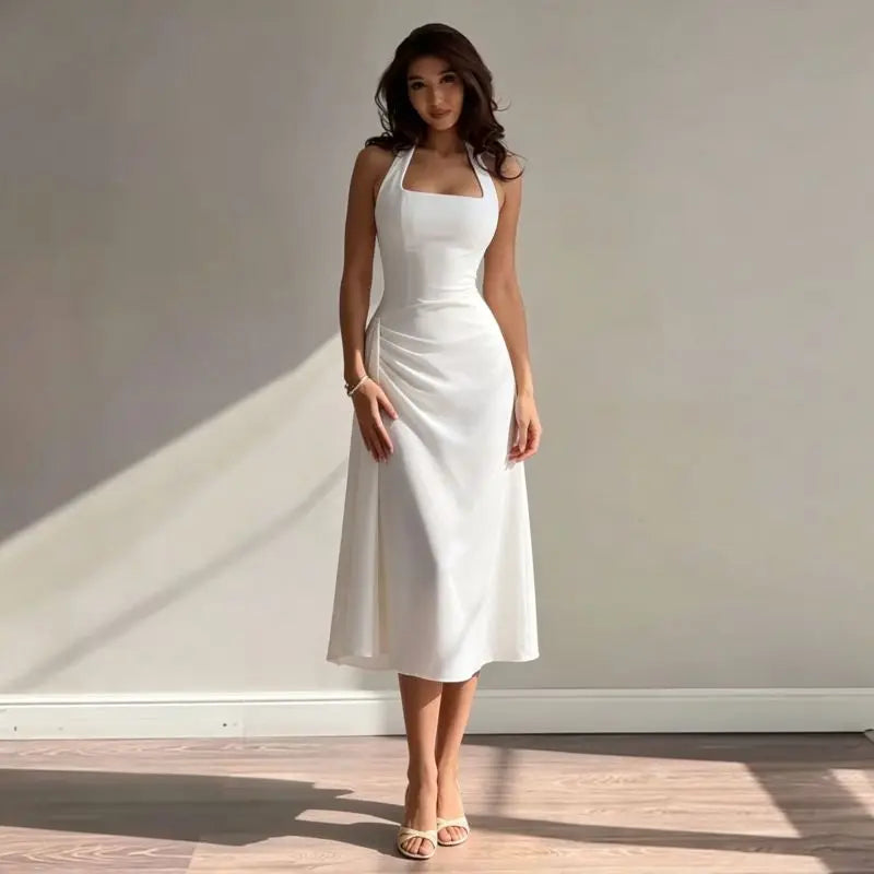 Women Satin Halter Midi Dress Square Neck Ruched Split Slim Long Dress Elegant Wedding Guest Evening Party Sleeveless White Dres