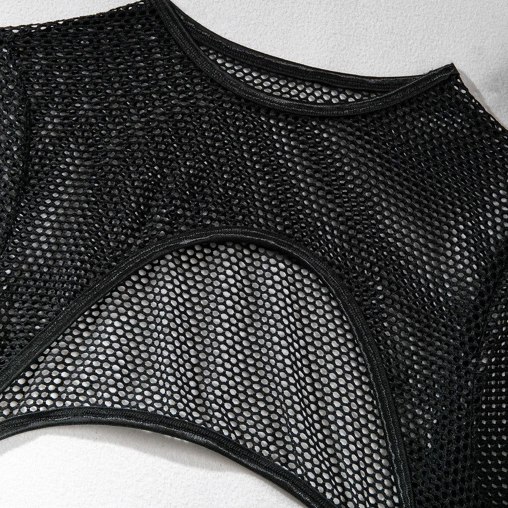 Brskbzda Sensual Fishnet Lingerie Cover-up Top Long Sleeved Lace See Through Sexy Outfit Tulle Underwear Cut Out Exotic Sets