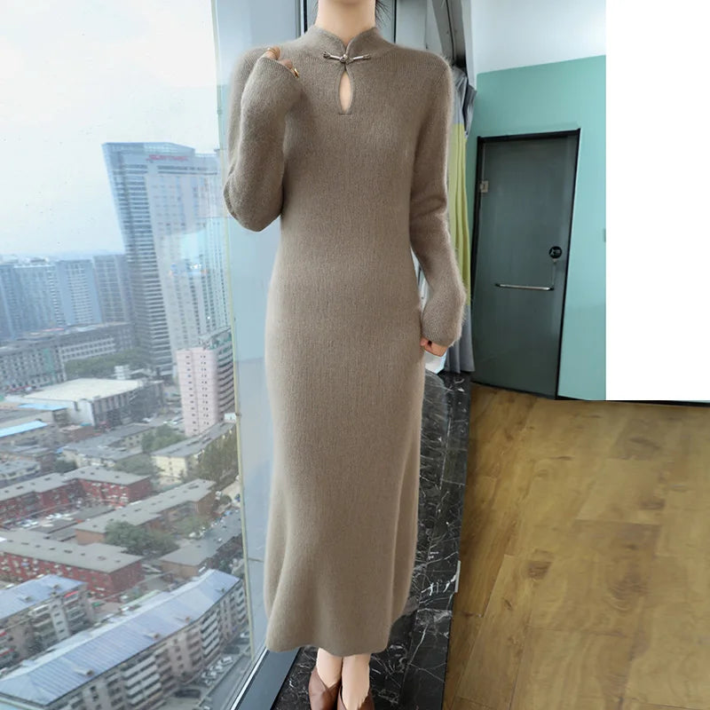 Women' 100%Pure Mink Cashmere Dress Stand-Up Collar Buckle Slim Knit Long Skirt Fashion High Waist Over The Knee Bottoming Dress