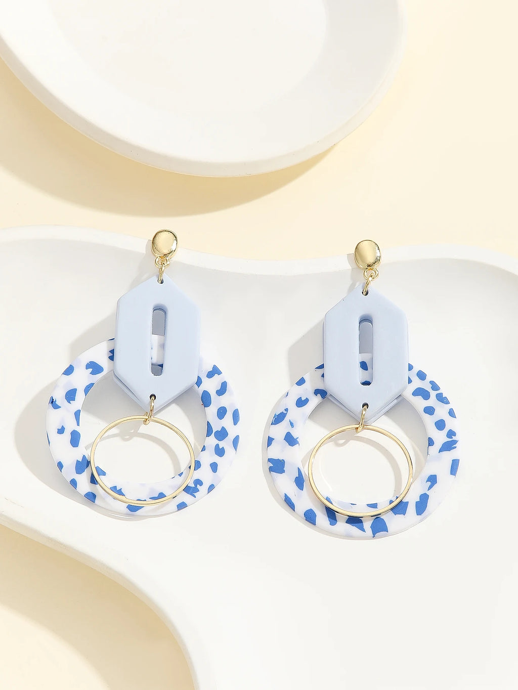 Mediterranean Blue Mosaic Arch Earrings Modern Light Blue Double Hoop Thin Dangle Artsy Statement Jewelry Summer Accessories