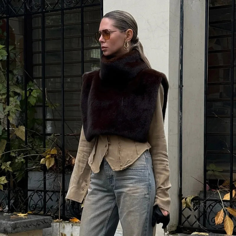 Solid Color Half Turtleneck Furry Sleeveless Top Patchwork Short Section Pullover Top 2025 Fall Woman'S Clothing Street