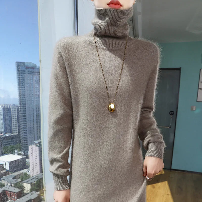 New Hot Selling 100% Mink Cashmere Knitted Women's High Neck Pullover Dress Sweater Slim Fit Solid Color Long Women's Dress