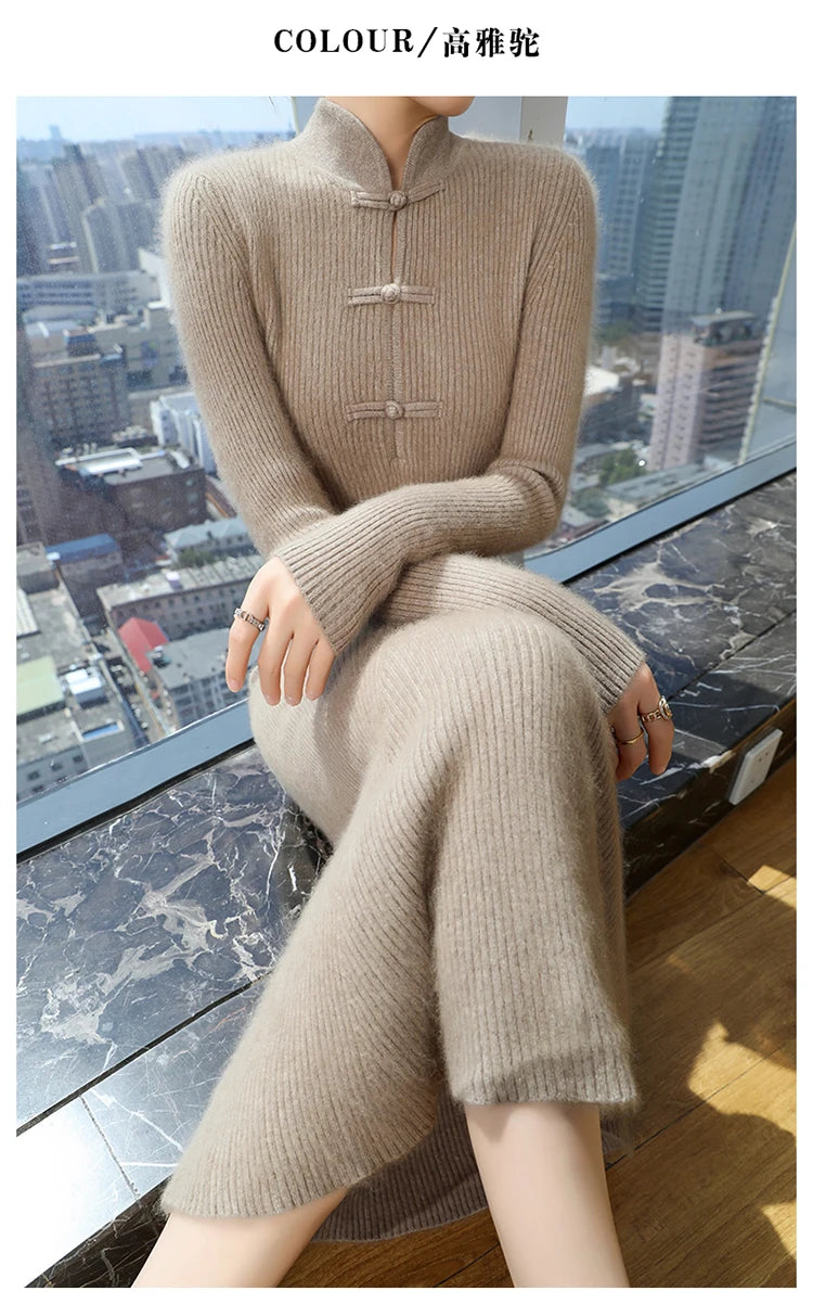 100% Mink Cashmere Knitted Dress Ladies Stand Collar Buckle Long Skirts Retro High Waist Over Knee Slim Dress New Thick Sweater