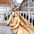 Gold Celebrity Gowns Beading Draped Strapless Crystal Formal Dress Puff Long Train Sexy 2 Pieces Prom Dresses Bow Floor Length