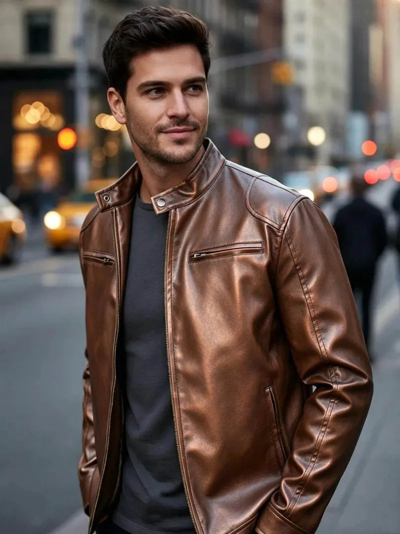 Men's PU leather jacket stand-up collar slim-fit vintage-style biker jacket spring/fall top