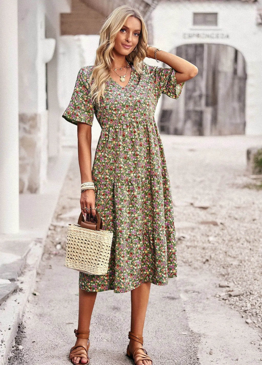 Msfilia Fashion V Neck Elegant Printed Dress Women Summer Short Sleeve High Waist A Line Floral Holiday Dresses