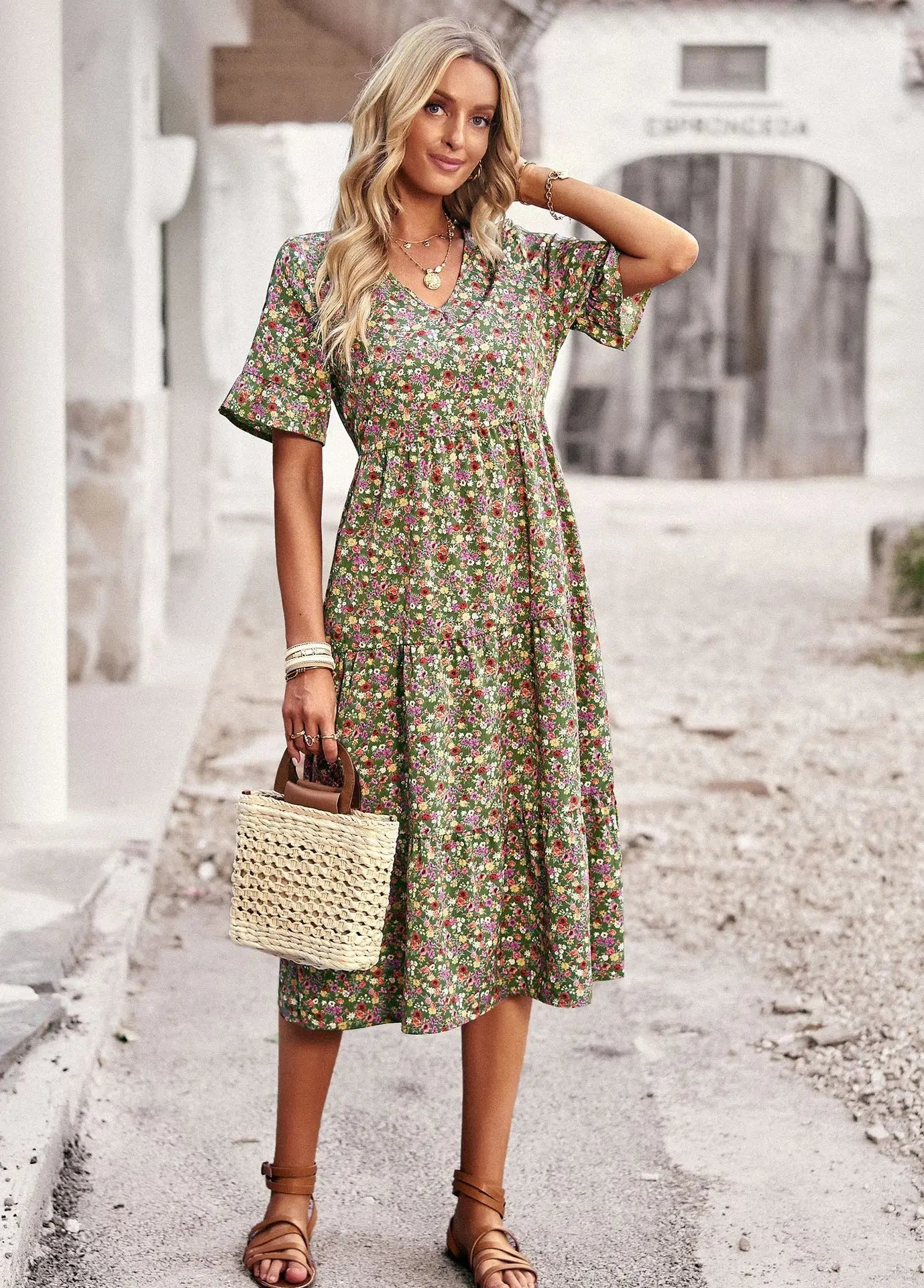 Msfilia Fashion V Neck Elegant Printed Dress Women Summer Short Sleeve High Waist A Line Floral Holiday Dresses
