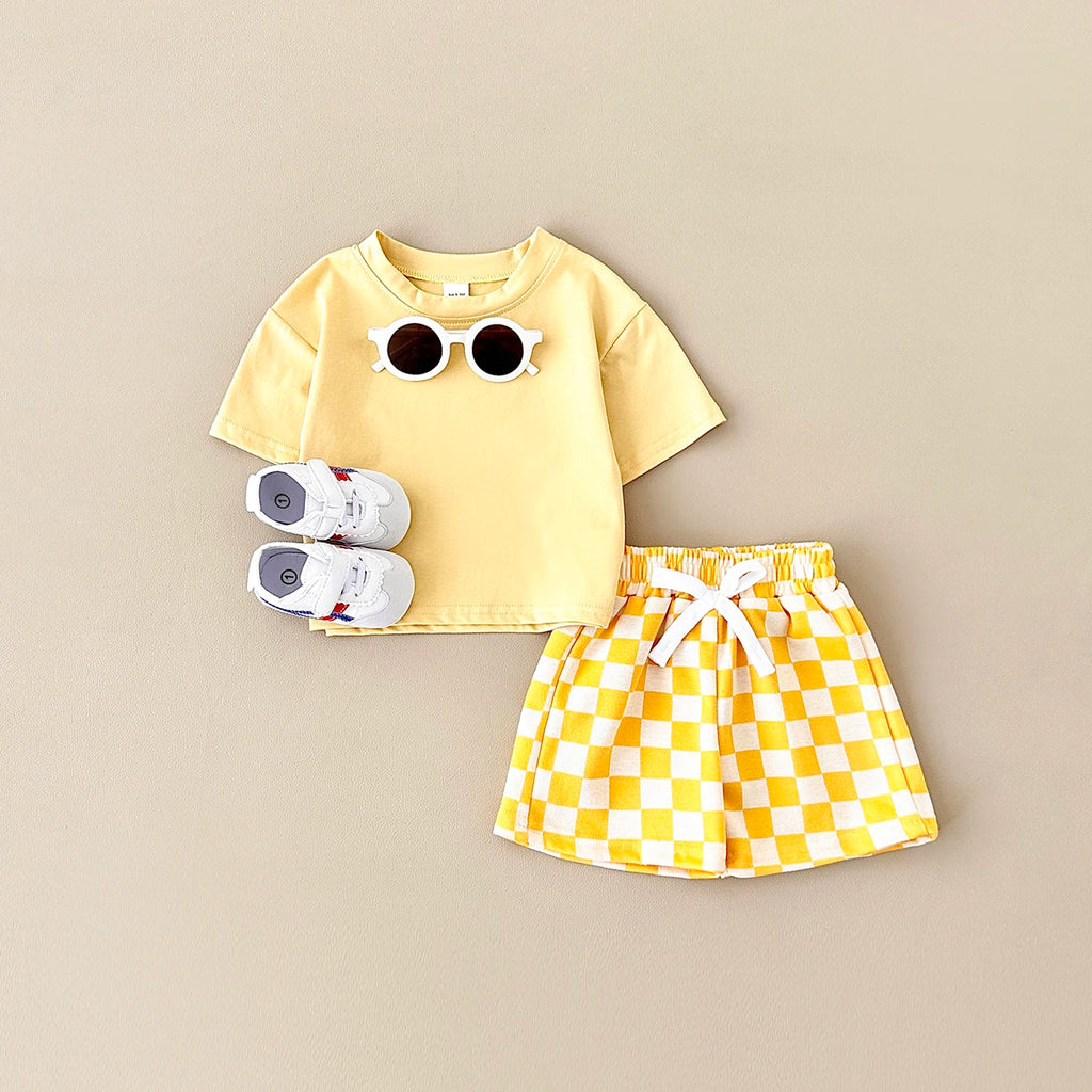 2PCS Kids Clothes Baby Boys Girls Solid Color Short Sleeve T-shirt Plaid Pattern Shorts Sets Baby Clothing Sets 0-3Y