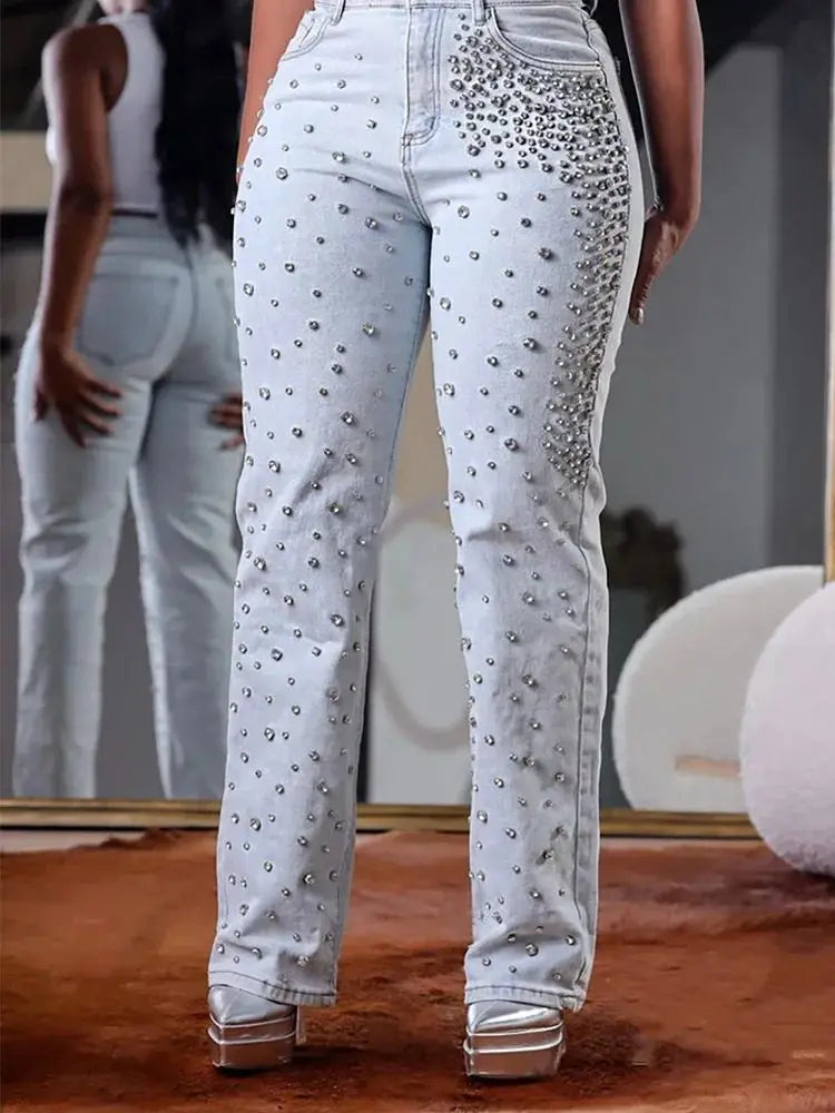 High Waist Slim Beaded Denim Jeans Women's Spring Casual Fashion Ladies' Premium Quality Jeans