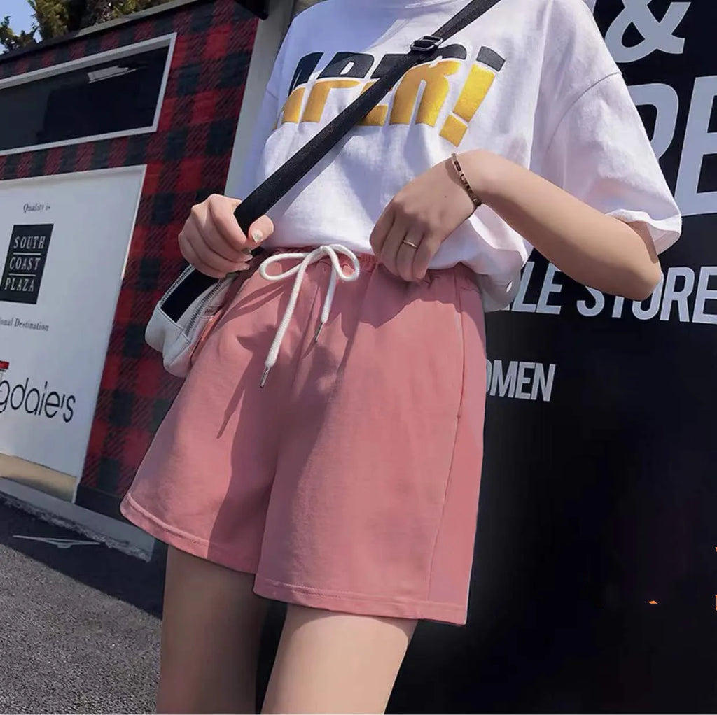 New Arrival Summer Women Casual Shorts High Waist Loose Fit Drawstring Waist Solid Color Hot Pants