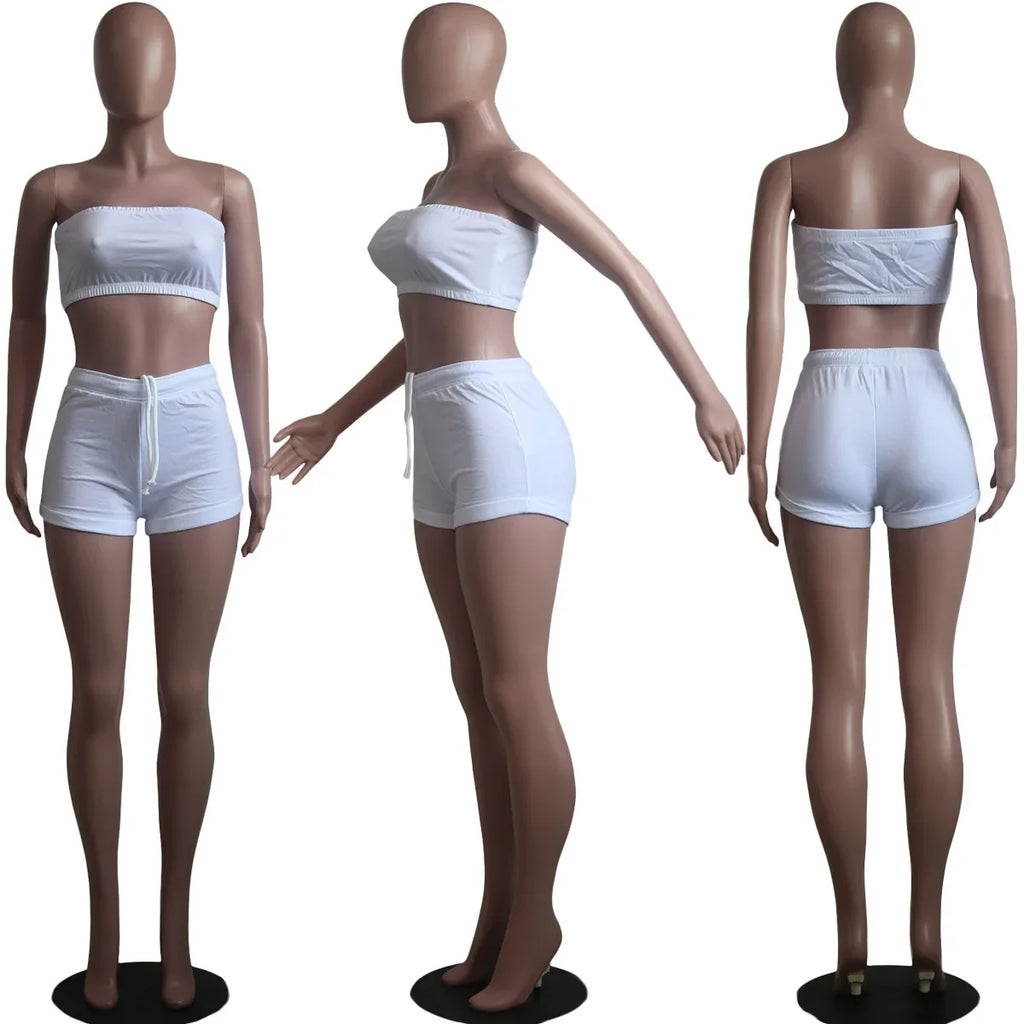 Thin Summer New Solid Color Lace Up Tracksuits Women Sleeveless Backless Tube And Shorts Two Piece Sets Casual 2pcs Outfits