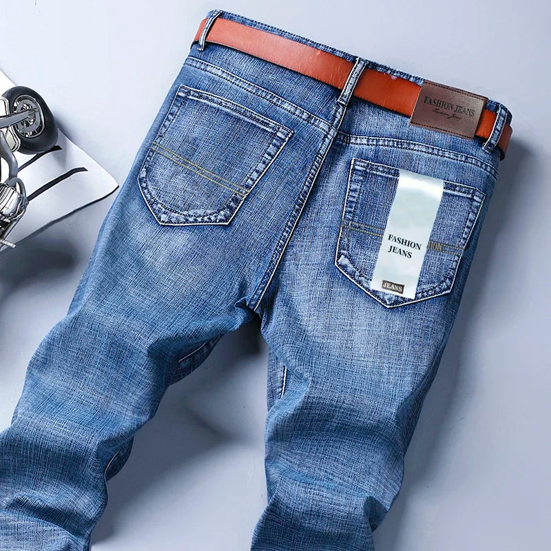 Men Fashion Straight Jeans Men 2026 New Stretch Slim Fit Pants Comfortable Soft Business Denim Trousers Male Brand Clothing