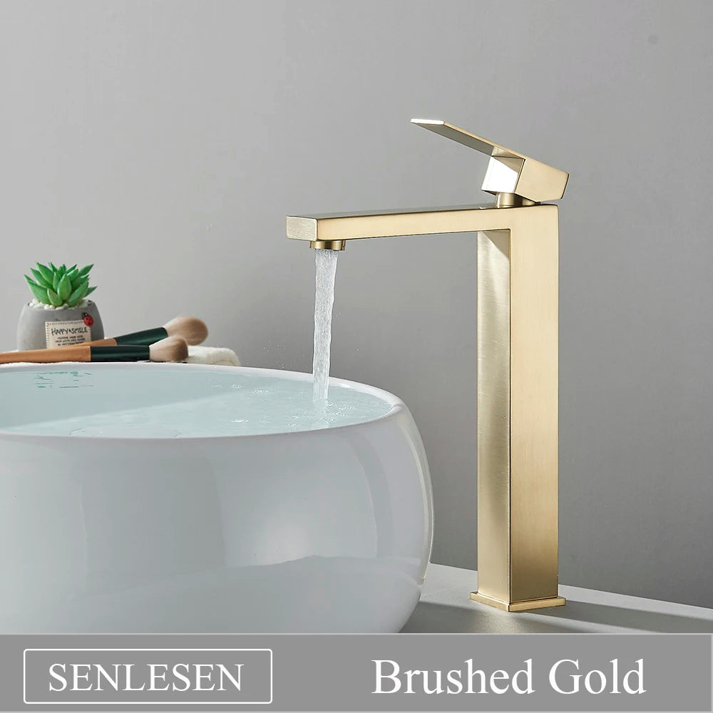 Senlesen Brushed Gold Bathroom Faucet Basin Faucets Deck Mounted Sink Mixer Tap Stainless Steel Countertop Hot Cold Water Crane