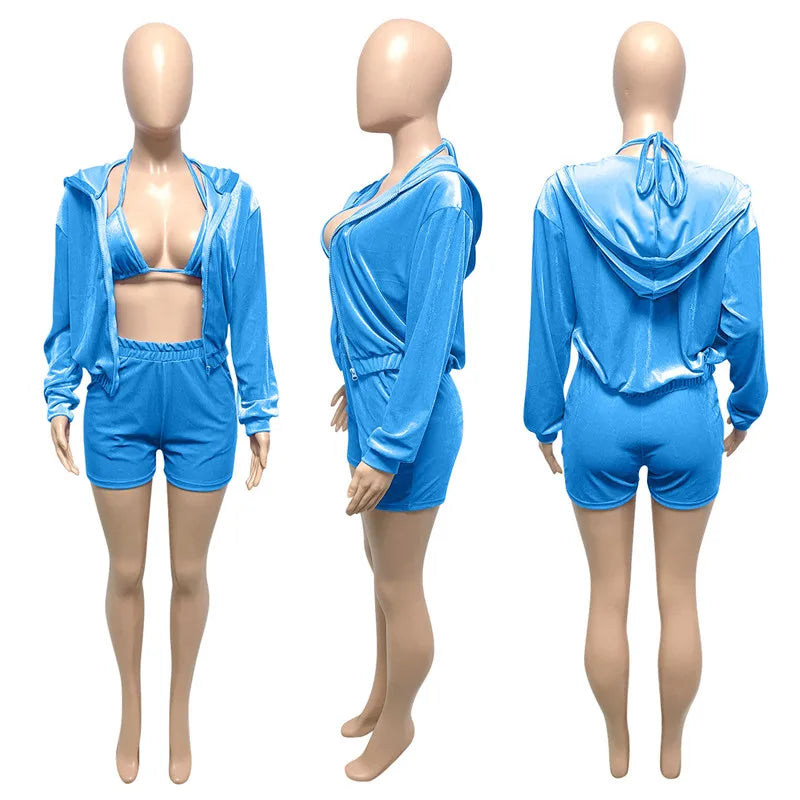 Velvet Tracksuit 3 Piece Set Women Fall Outfits Zipper Hoodies Jacket + Bra + Shorts Sets Sporty Matching Sets Jogging Femme