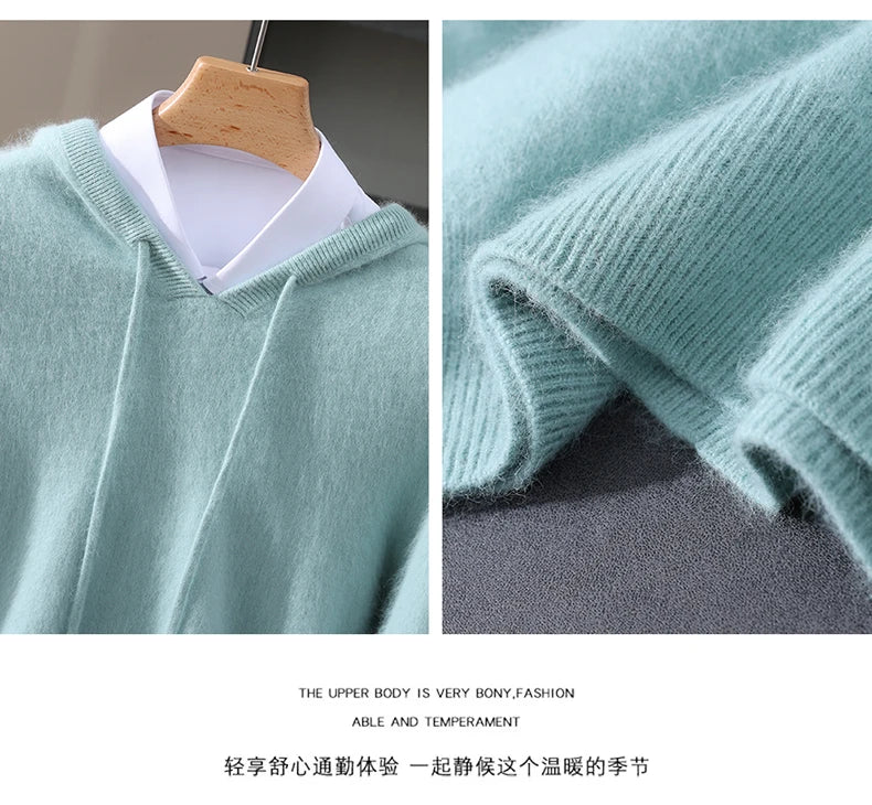 Autumn Winter New 100% Mink Cashmere Sweater Men's Solid Color Hooded Pullover Knitted Sweater Loose Casual Top For Outdoor Wear