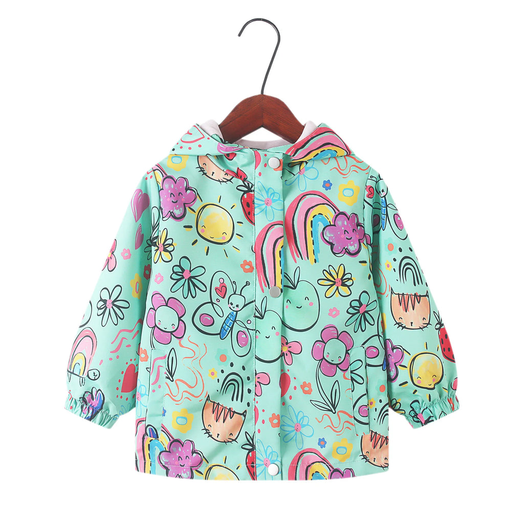 Spring Autumn Girls Cute Cartoon Unicorn Print Windbreaker Outerwear Kids Hooded Zipper Waterproof Jacket Children's Casual Coat