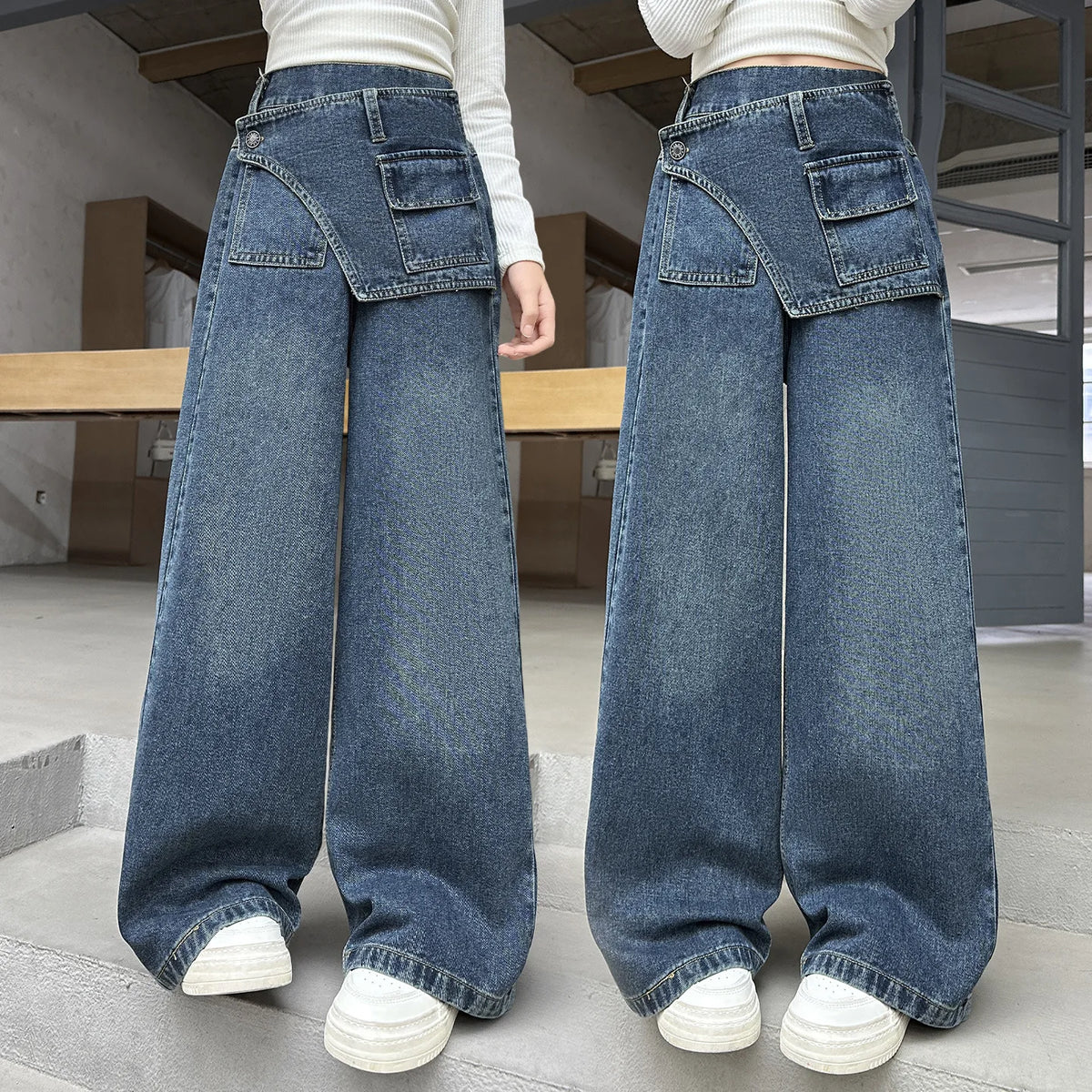 Girls' fart curtain jeans spring autumn new style teens children's straight tube loose wide leg pants retro blue casual pants
