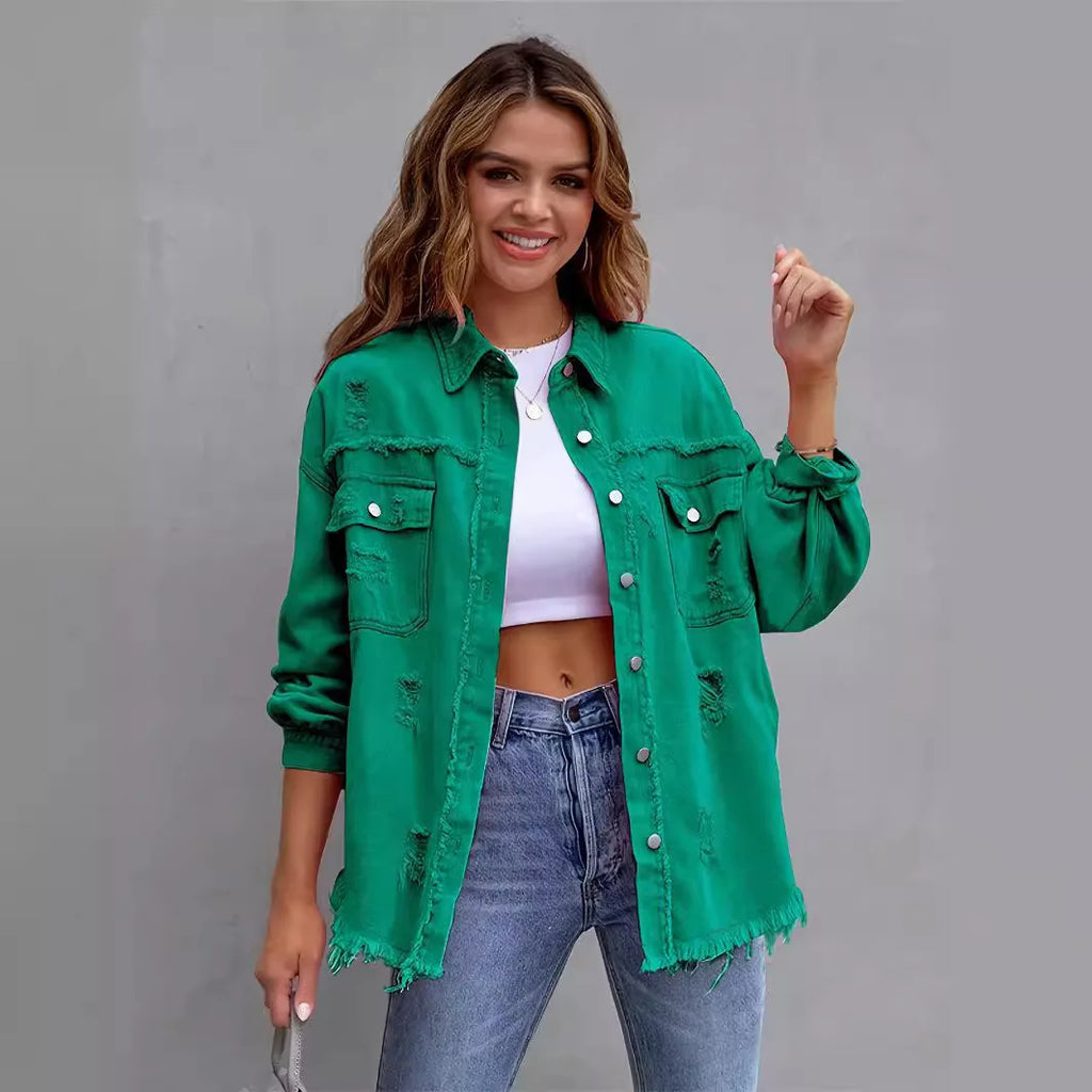 Women's Fashionable Solid Color Mid-Length Ripped Denim Jacket Long-Sleeved Spring Autumn Trend