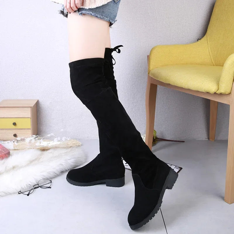 Faux Suede Female Heels Autumn Winter Elastic Knee-high Boots for Women Tube Lace-up Thigh Boots Black Botas
