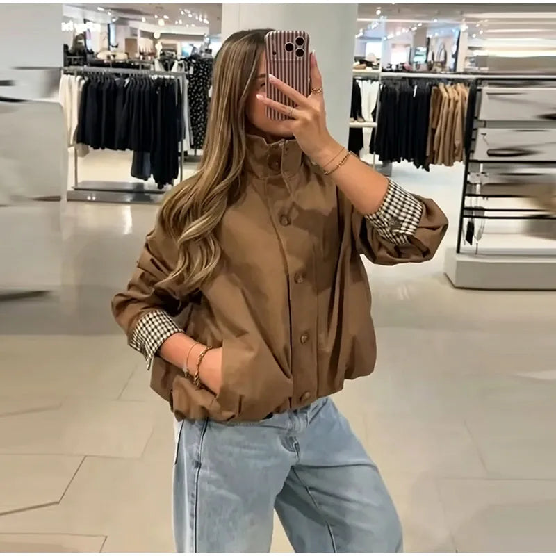 Elegant Plaid Patchwork Women's Jacket Loose Full Sleeve Stand Collar Single Breasted Outwear Female 2026 Fashion Autumn Outwear