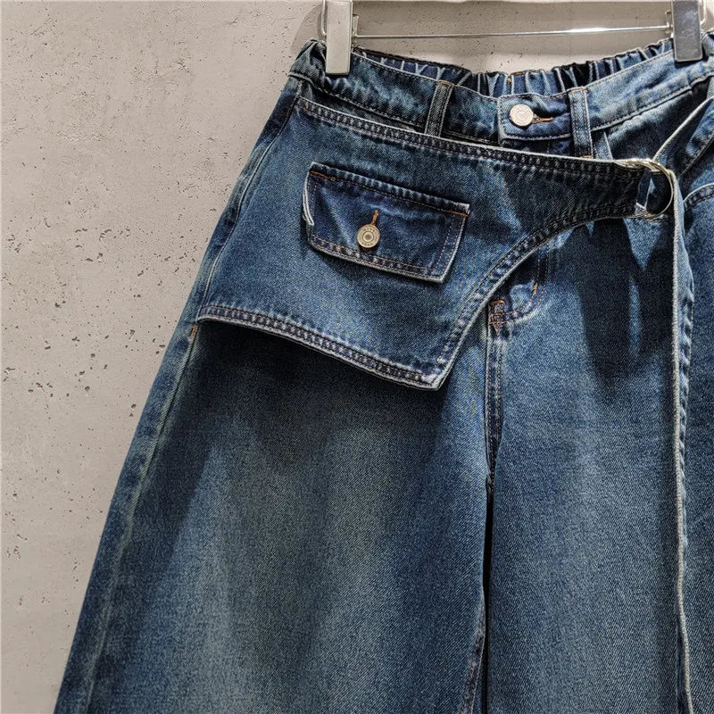 All-match New Spring Autumn Vintage Elastic Waist Women Bootcut Jeans Personality Splicing Fashionable Wide Leg Denim Trousers
