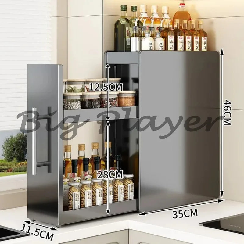 Ultra-Narrow Dust-Proof Pull-Out Condiment Rack Multi-Functional Kitchen Countertop Storage Organizer for Home