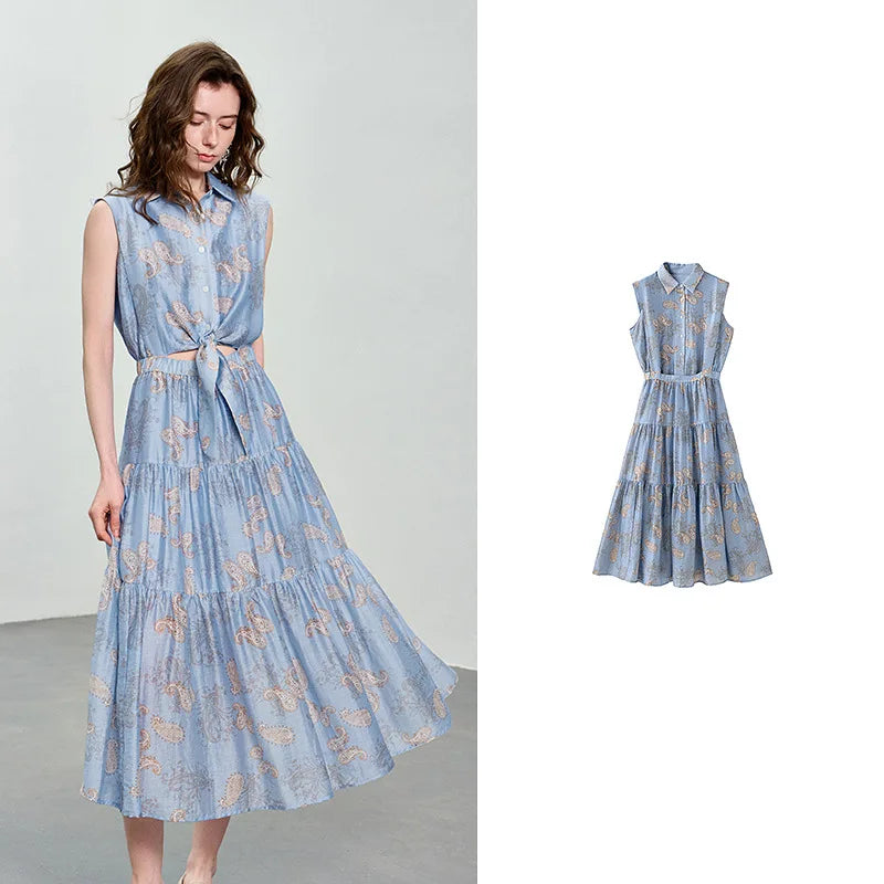TOYOUTH Women Dress 2026 Summer New Blue Paisley Print Vintage Tank High Waist Tiered Cake Trendy Dresses