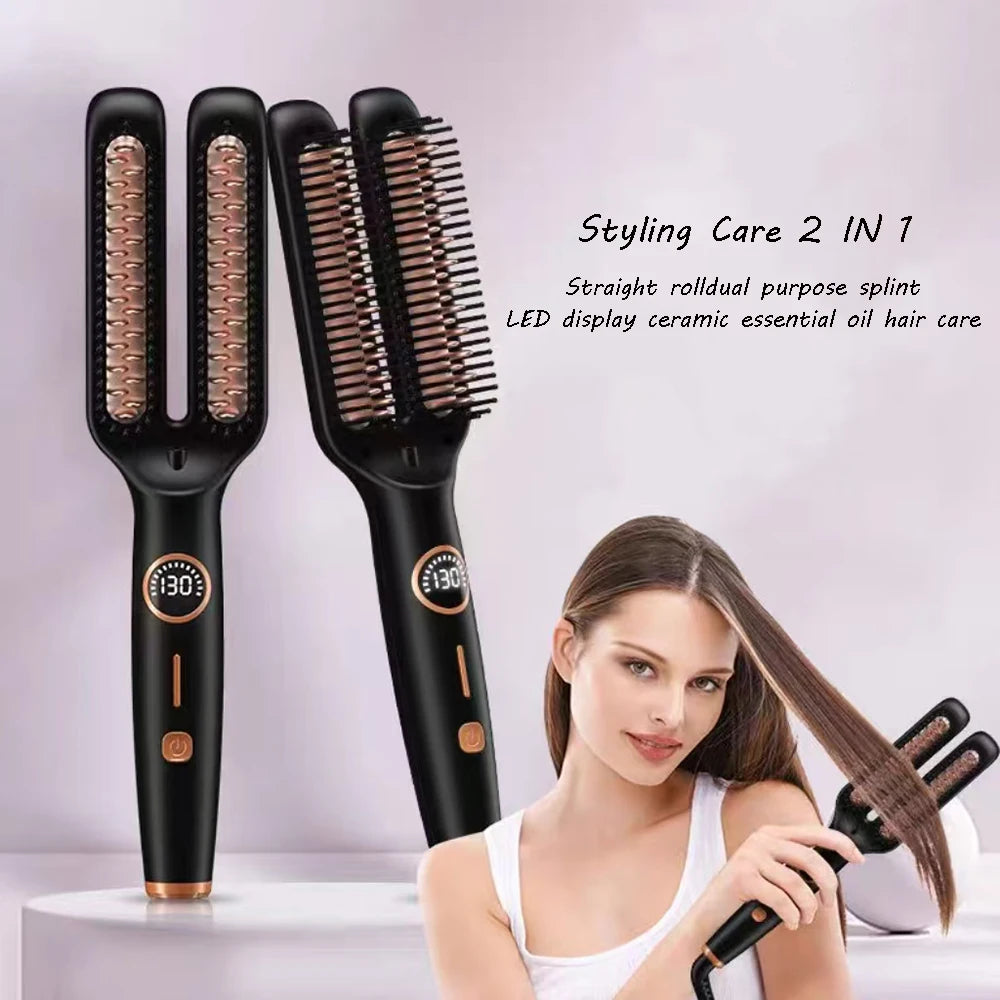 Electric  Double-tube Hot Comb Hair curler Hair Straightener Comb Negative Ion Anti-Scalding Styling Tool Straightening Brush