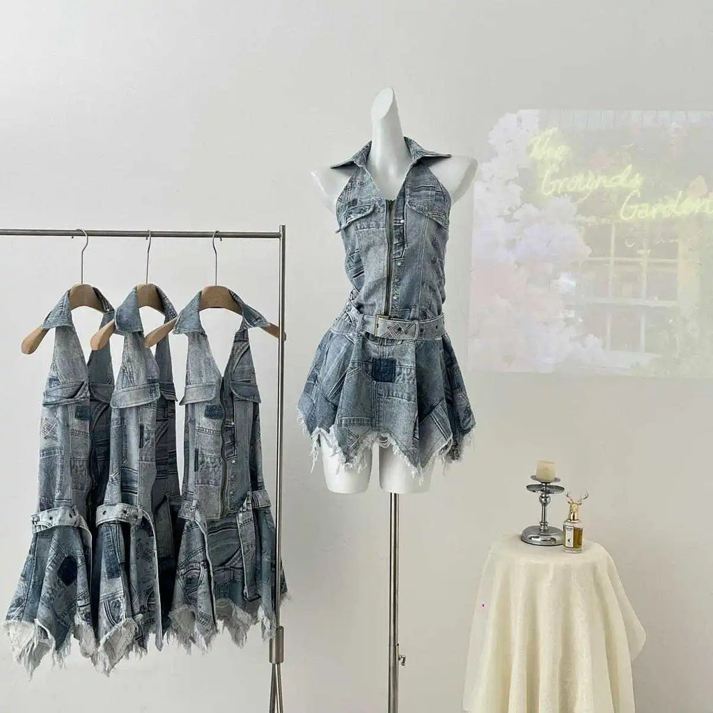 American Denim Waist-cinching Halter Neck Backless Sexy Casual Dress for Women, Distressed Retro Spliced Short Skirt