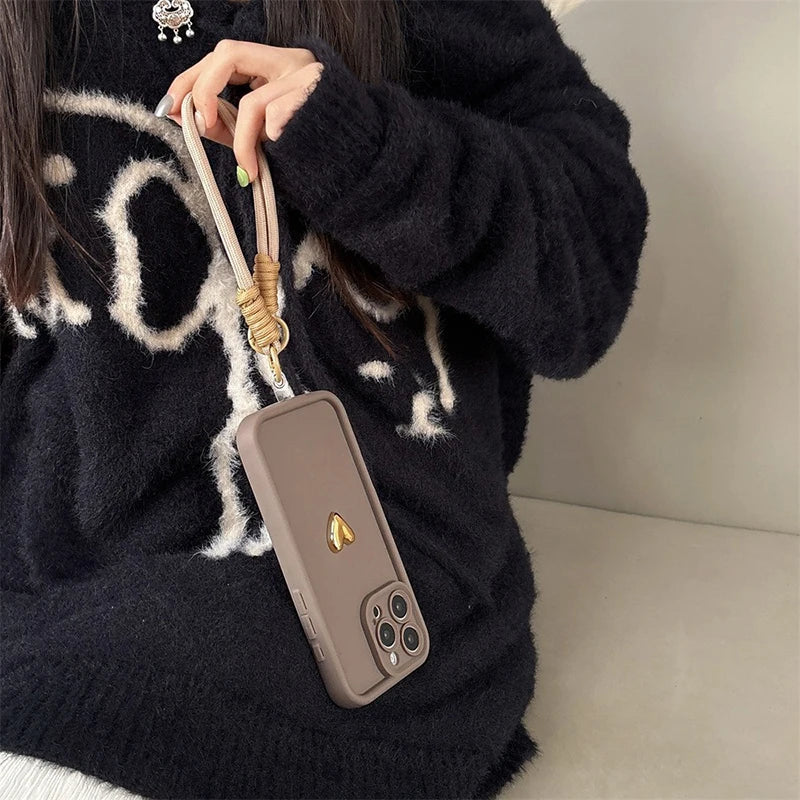 Cute Korean 3D Golden Love Heart Soft Case For iPhone 16 17 18 Pro Max 15 14 13 12 11 Pro 7 8 Plus Wrist Chain Hang Strap Cover