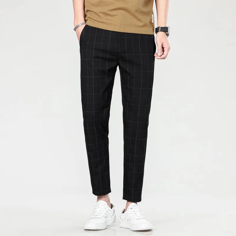 2025 Spring/Summer Men's Elastic Slimming Straight Leg Casual Pants Fashion Breathable Grid Design Sports Pants