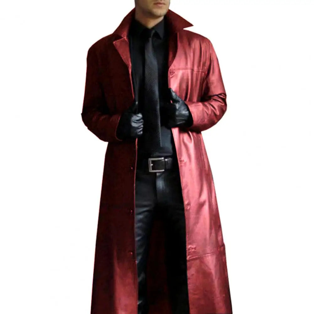 Men Faux Leather Jacket Stylish Men's Faux Leather Trench Coat with Turn-down Collar Windproof Design Slim Fit for Long