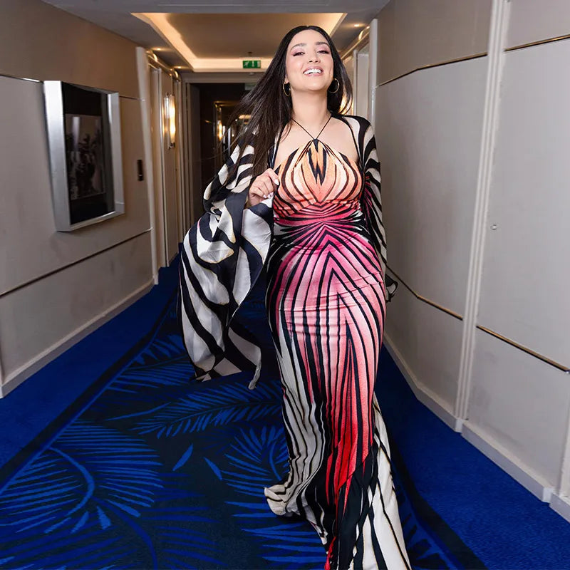 Printed Batwing Sleeve Halter Party Dress Women's Sexy Backless Full Sleeved Maxi Dresses 2026 Autumn Lady Evening Gown